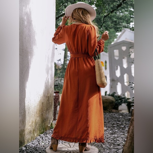 NEW SIMPLEE APPAREL Simplee Frill Trim Belted Wrap Hem Dress M - Picture 3 of 12